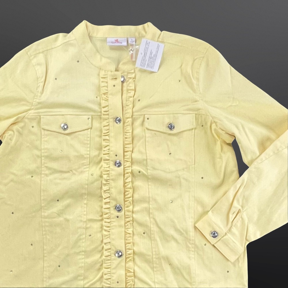 Quacker Factory Womens XL Jacket Yellow Rhinestone Ruffle Button Front NWT - Picture 6 of 16